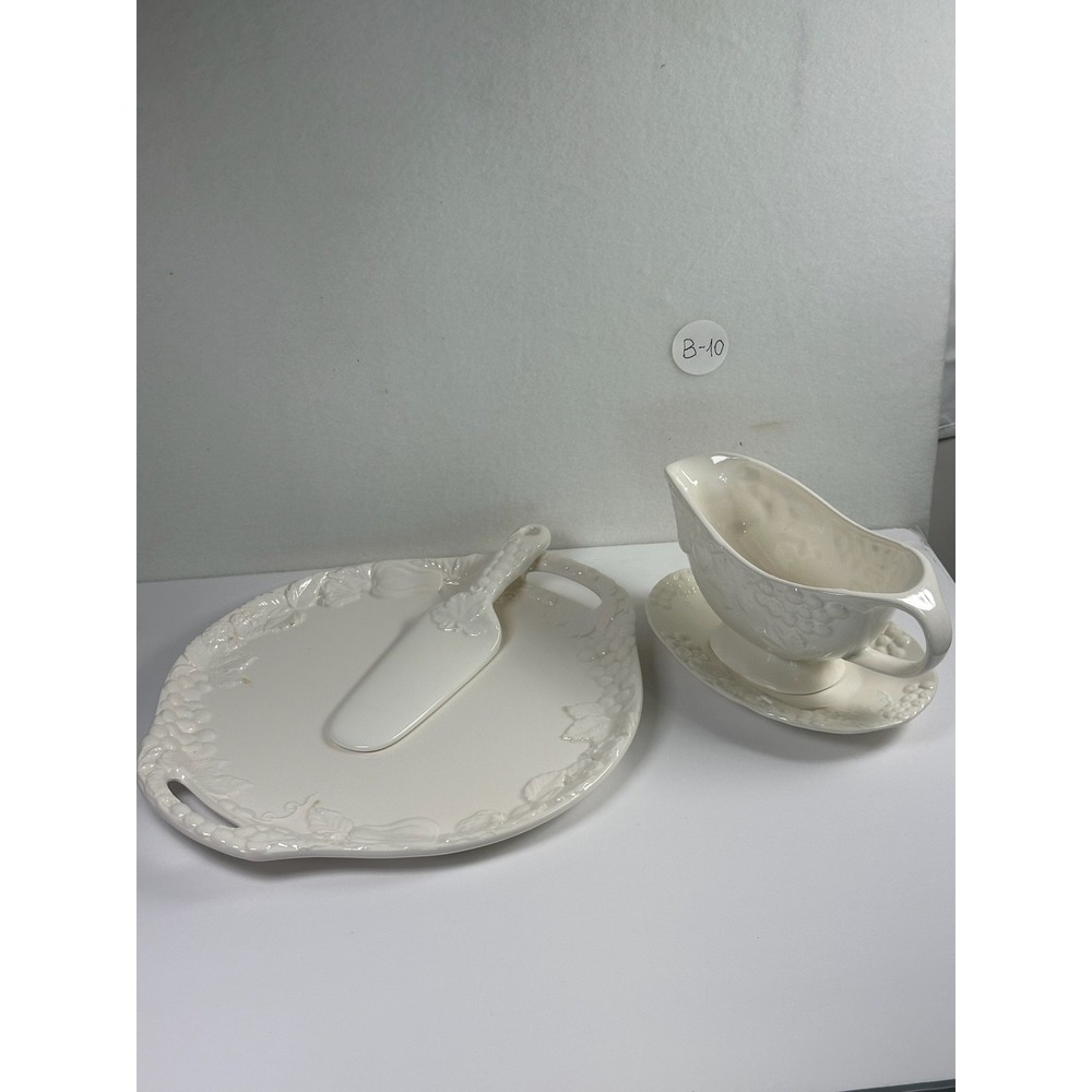 Vintage Ceramic Grape Embossed Serving Set Platter Gravy Boat Server B-10